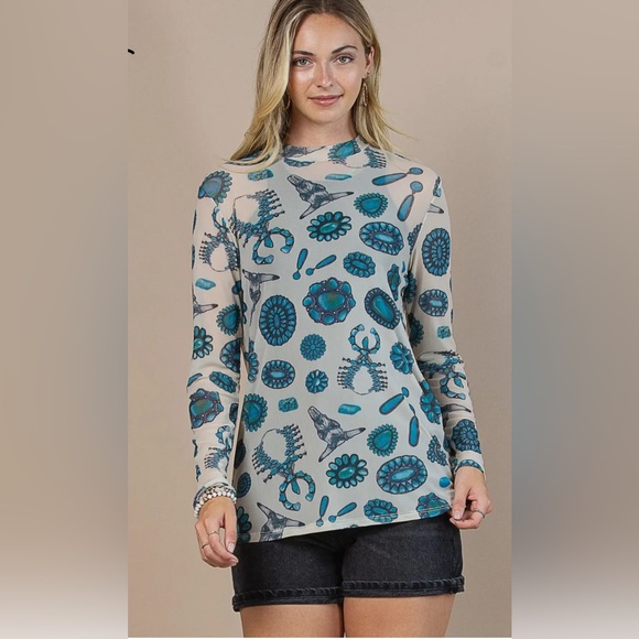 Western boho cowgirl teal tan sheer long‎ sleeve top medium - Picture 2 of 4